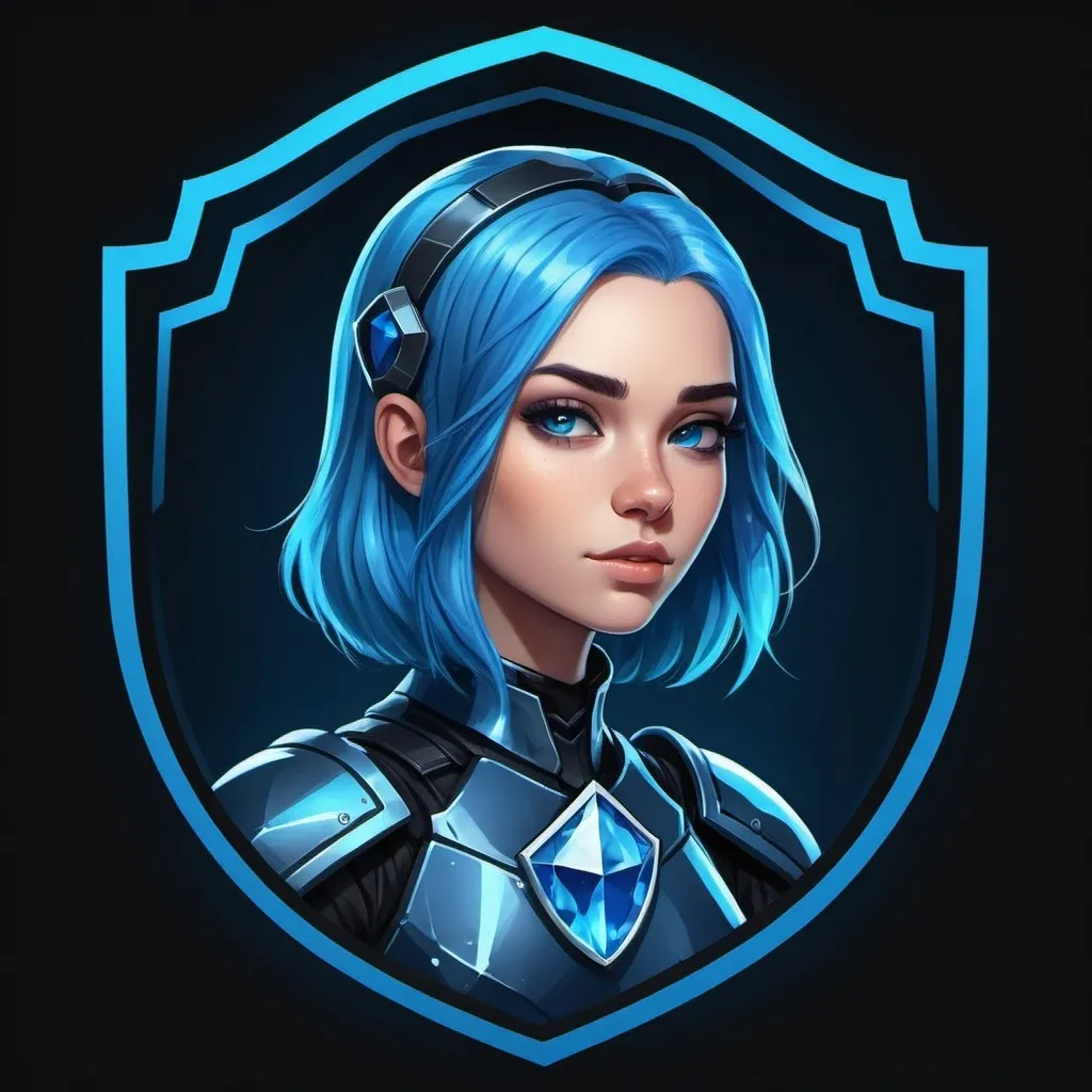 Prompt: a logo for a gaming company named crystal. A logo of A young woman with blue hair wearing a futuristic blue and black armor, set against a dark background with a glowing blue shield-shaped frame. crystal theme.
