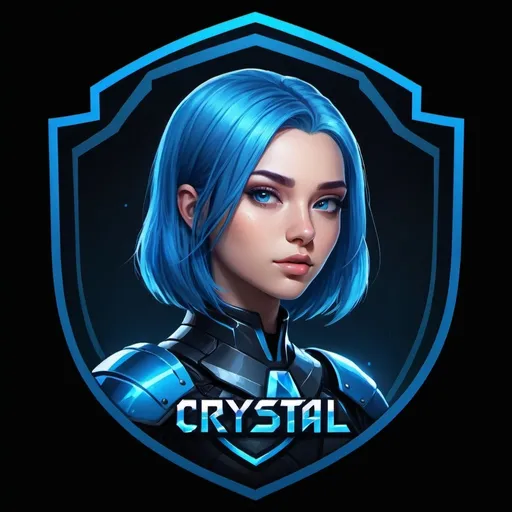 Prompt: (logo for a gaming company "Crystal"), (futuristic design), the word "crystal" is written below. a young woman, blue hair, wearing sleek blue and black armor, strong and confident pose, dark background, glowing blue shield-shaped frame, crisp lines, modern aesthetics, high contrast, visual impact, minimalist yet dynamic elements, capturing the essence of gaming excitement and adventure, ultra-detailed. 
