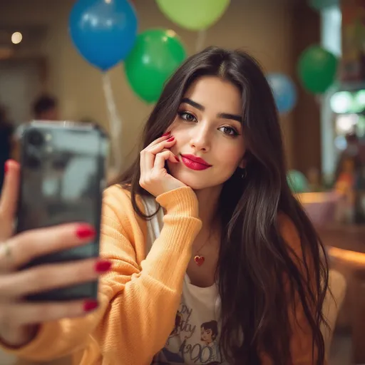 Prompt: A young person with long, dark hair strikes a playful pose while taking a selfie, resting their chin on their hand and showcasing a confident expression. Dressed in a light orange cardigan over a graphic tee, they adorn their neck with a small, heart-shaped pendant, and their nails are painted in a vibrant red. The background reveals a festive indoor setting with colorful balloons in shades of green and blue, hinting at a celebratory atmosphere. Soft lighting casts a dreamy glow, enhancing the cheerful mood, while reflections from the phone's surface subtly frame the scene, emphasizing the moment's intimacy and joy.