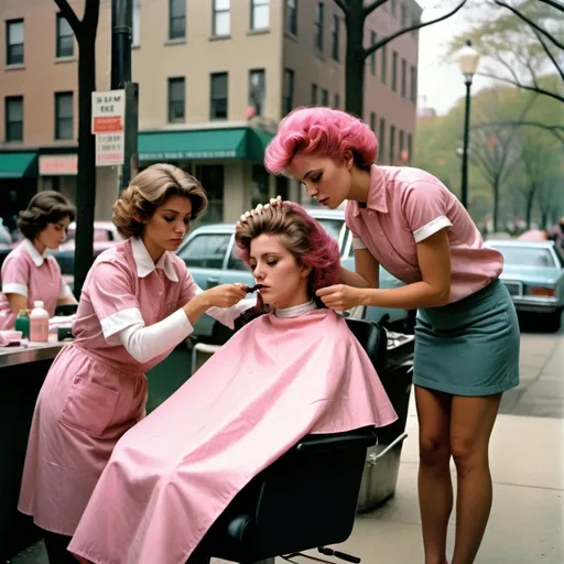 Prompt: a four woman with brown gingham Hair cape is getting her hair coloring at Street by a her hair stylist with pink smock uniforms in a salon in a city park, Bruce Davidson, foturism, 1 9 8 0 s, a colorized photo