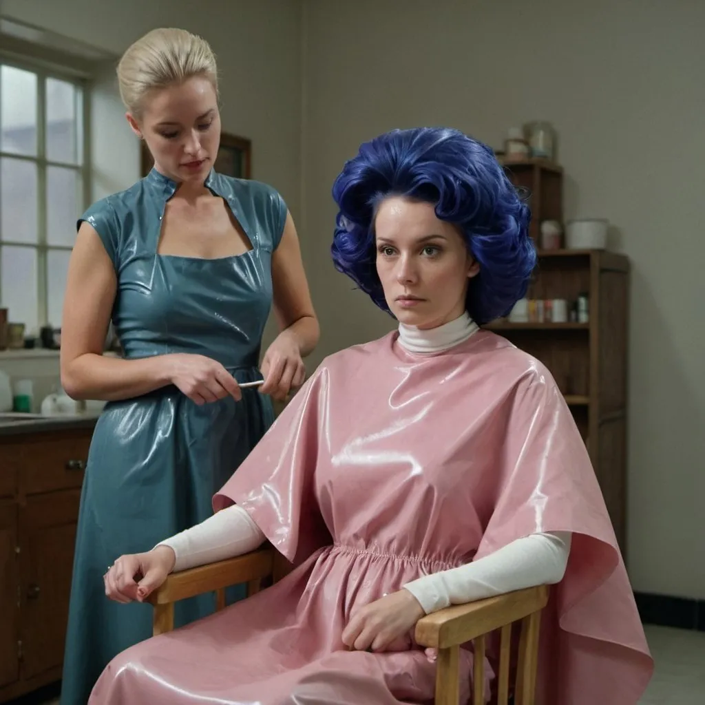 Prompt: a woman sitting in a chair with latex sleeved hair cape at a on her dyeing head and a woman in a smock dress behind her, Aileen Eagleton, american realism, promotional image, a screenshot