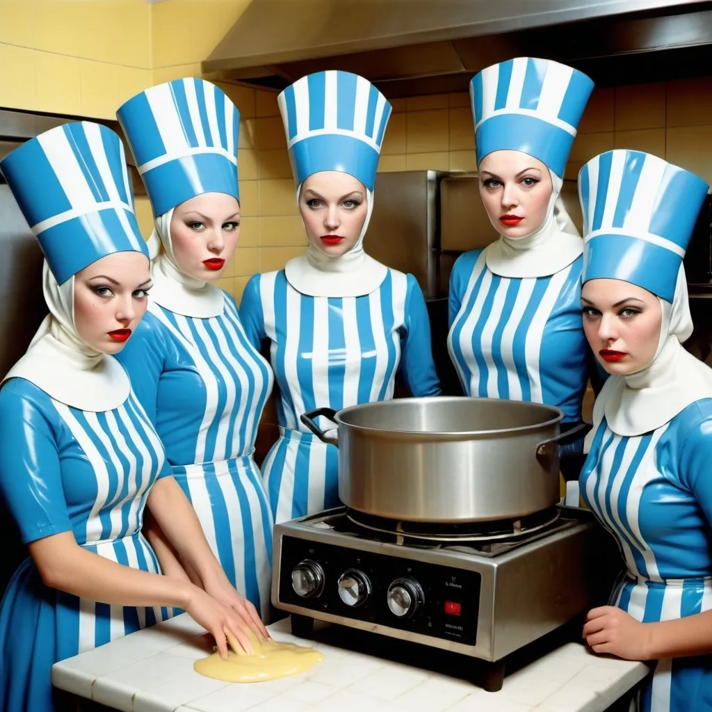 Prompt: a four of Women with blue striped latex like a nun dresses and hair hats on their heads and in a kitchen oil fryer, Christian W. Staudinger, kitsch movement, surreal photography, an album cover