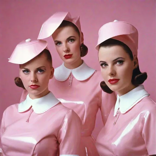 Prompt: a four Women with gingham baby pink latex uniform like a nun dresses with bib collar and hair maid hats, Christian W. Staudinger, kitsch movement, photorealistic image, an album cover