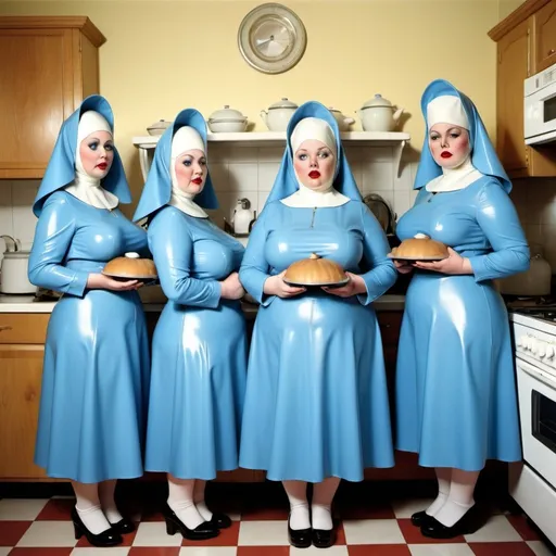Prompt: Four Fat Women wearing blue gingham latex like a nun dress long sleeved and hair hats on their heads and in a kitchen, Christian W. Staudinger, kitsch movement, surreal photography, full body an album cover