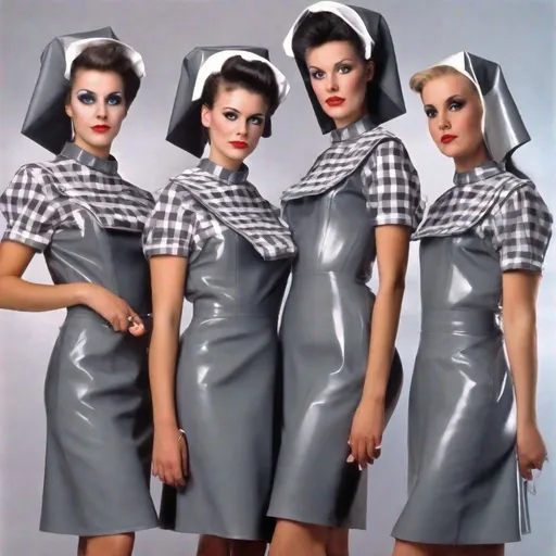 Prompt: retro 80s, a four Women with gingham grey latex uniform like a nun dresses with bib collar and hair maid hats, pop movement, photorealistic image, an album cover