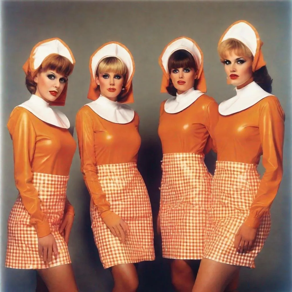 Prompt: retro 80s, a four Women with gingham orange latex long sleveed uniform like a nun dresses with bib collar and hair maid hats, pop movement, photorealistic image, an album cover