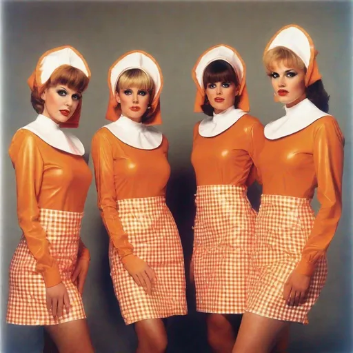 Prompt: retro 80s, a four Women with gingham orange latex long sleveed uniform like a nun dresses with bib collar and hair maid hats, pop movement, photorealistic image, an album cover