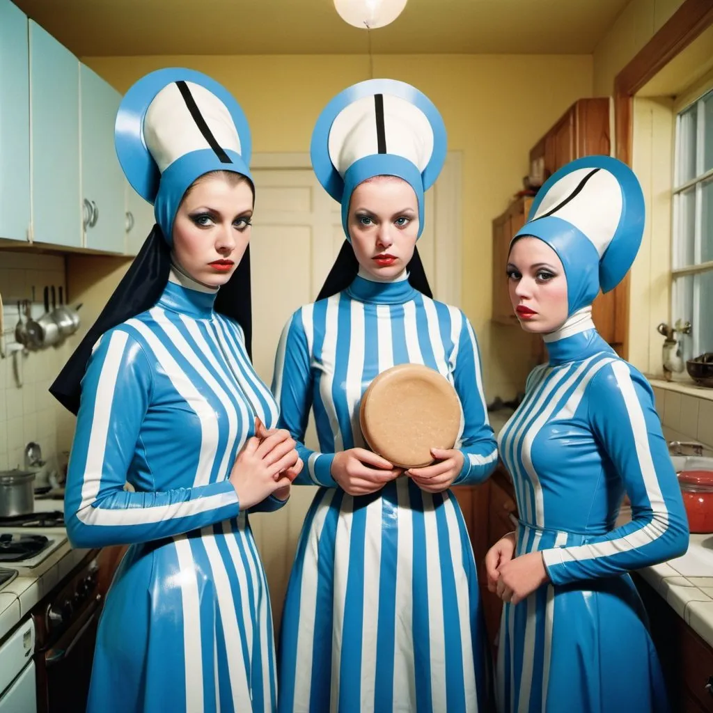 Prompt: a four of Women with blue striped latex like a nun dresses and hair hats on their heads and in a kitchen, Christian W. Staudinger, kitsch movement, surreal photography, an album cover