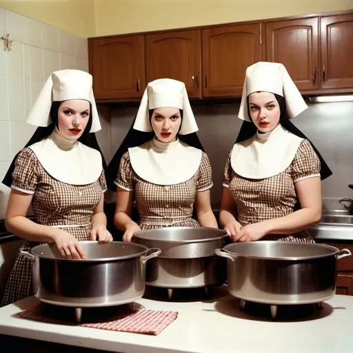 Prompt: a four of Women with gingham brown latex like a nun dresses and hair hats on their heads and in a kitchen oil fryer, Christian W. Staudinger, kitsch movement, surreal photography, an album cover