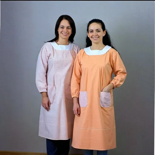 Prompt: a two women with denim gingham grey kindergarten teacher art smock gown, full body, Isabel Díaz Ayuso, spanish kindergarten school, promotional image, a screenshot
