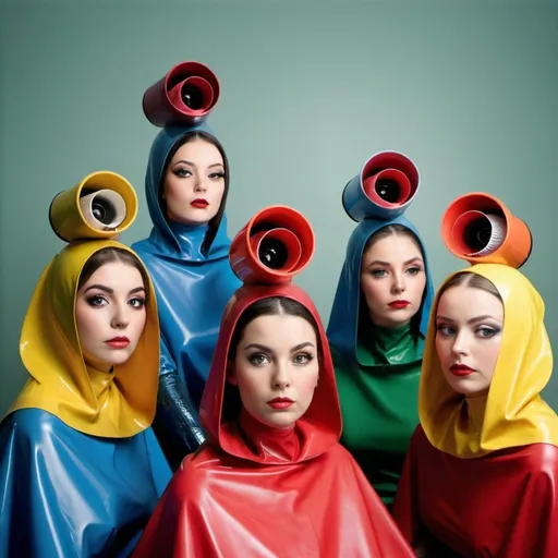 Prompt: a group of women sitting next to each other with stand Hair dryer over their heads, all wearing latex sleeved Hair capes, a colorized photo