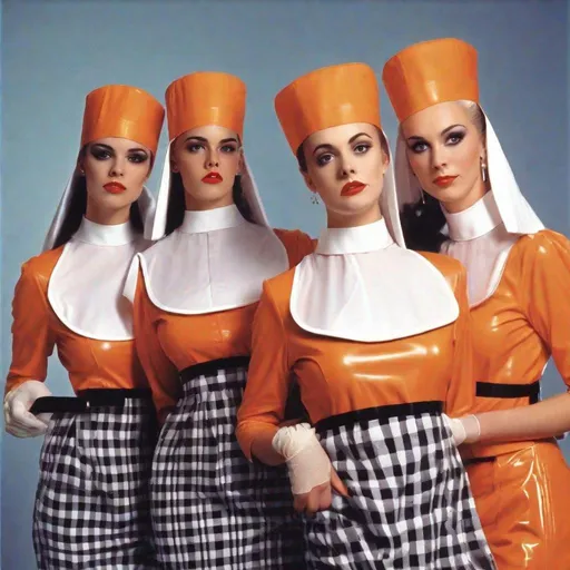 Prompt: retro 80s, a four Women with gingham orange latex long sleeved uniform like a nun dresses with bib collar and hair maid hats, pop movement, photorealistic image, an album cover