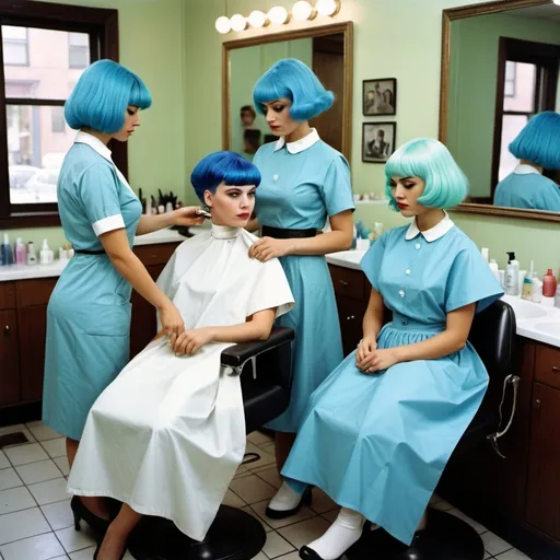 Prompt: a five women, with latex gingham blue hair cape, is getting hair strands coloring, at Unisex Beauty Salon, the hair stylist dress with old fashioned nylon lab uniform in a salon in a city park, Bruce Davidson, foturism, 1 9 8 5 s, a colorized photo