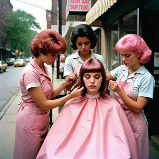 Prompt: a four woman with brown gingham Hair cape is getting her hair coloring at Street by a her hair stylist with pink smock uniforms in a salon in a city park, Bruce Davidson, foturism, 1 9 8 0 s, a colorized photo