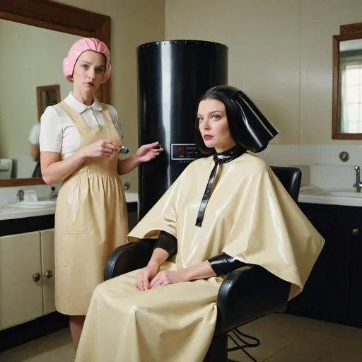 Prompt: a woman sitting in a chair with latex sleeved hair cape at a dryer on her head and a woman in a smock dress behind her, Aileen Eagleton, american realism, promotional image, a screenshot