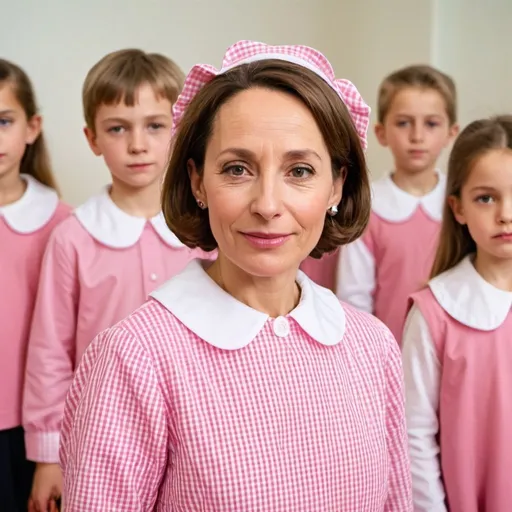 Prompt: a woman standing in front of a crowd of children wearing Pink Gingham school art smock long sleeved with white peter pan collar, Segolene Royal, danube school, promotional image, a character portrait