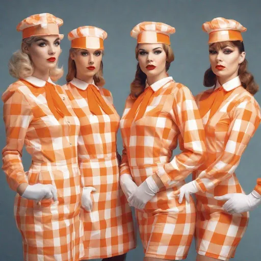 Prompt: retro 84s, a four Women with gingham orange latex long sleeved uniform with bib collar and hair maid hats, pop movement, photorealistic image, an album cover