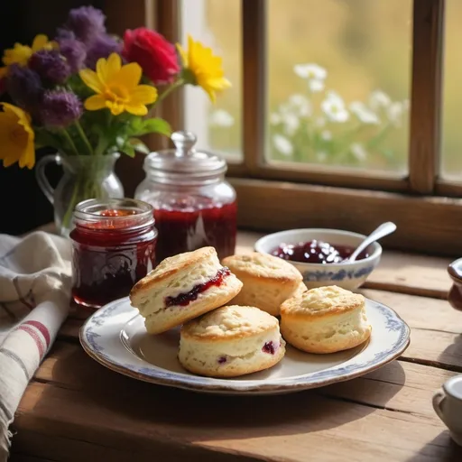 Prompt: (Homemade Scottish Scone with homemade mixed fruit jam and home cooked clotted cream with jar of Ukrainian Kompot), vibrant colors, warm lighting, cozy and inviting atmosphere, rustic wooden table, richly detailed textures, high depth, artistic composition, ultra-detailed, 4K, morning sunlight filtering through a window, flowers in the background, photorealistic, delicious and appetizing. Make sure jam and clotted cream are piled inside scone with jam on the bottom.
