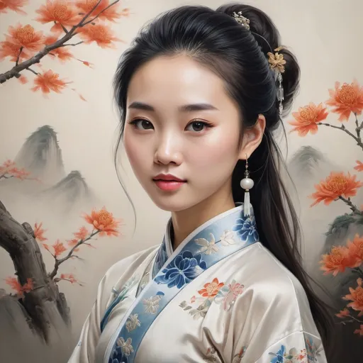 Prompt: <mymodel>A captivating portrait of a Chinese girl radiating grace and elegance. The painting captures her intriguing beauty in intricate detail, showcasing a serene aura that captivates the viewer's gaze. The girl's delicate features are adorned with traditional Chinese attire, further emphasizing her cultural heritage
