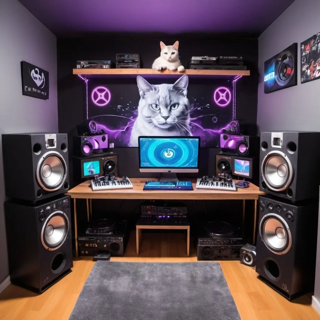 Prompt: gamer dj room for a cat