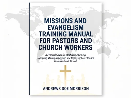 Prompt: 
Design this book cover 

MISSIONS 
AND 
EVANGELISM
 TRAINING MANUAL 
FOR PASTORS AND CHURCH WORKERS


A Practical Guide for Identifying, Winning , Discipling, Raising, Equipping, and Deploying Soul-Winners Towards Church Growth.

Andrews Doe Morrison
