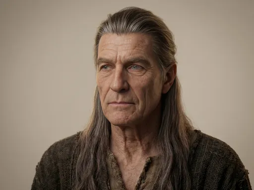 Prompt: Portrait of the same man, facing forward but looking slightly to the left, neutral expression, calm presence, photorealistic, cinematic soft lighting, shallow depth of field, plain neutral background, no environment, no scenery