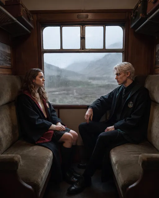 Prompt: an image of the guy and girl sitting in a hogwarts tain cabin, guy is taller than girl, dreary outside, realistic
