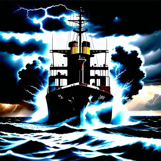 Prompt: Photorealistic digital painting of a massive shipping vessel battling through a stormy sea, dramatic lightning illuminating the sky, high contrast, intense and ominous atmosphere, realistic water splashes, detailed metallic textures, best quality, photorealistic, stormy seas, dramatic lightning, intense atmosphere, realistic textures, high contrast, shipping vessel, massive, dynamic composition, professional, atmospheric lighting