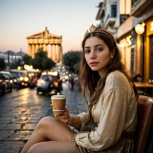 Prompt: post classic, portrait photography, boho outfit, super realistic woman, sitting in a street coffee shop, with a small greek laurels gold crown, drinking coffee in modern Athens, dusk blurred Parthenon in the background

