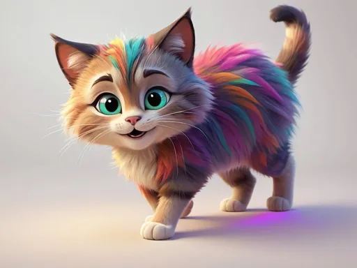 Prompt: Pixar-style illustration of a charming cat, vibrant and colorful fur, expressive eyes with sparkles, lively and mischievous pose, playful and animated facial expression, high-quality render, digital art, vibrant color palette, dynamic and whimsical, detailed fur with realistic texture, professional lighting, charming character design, fun and whimsical, Pixar style, vibrant fur, expressive eyes, mischievous pose, high-quality, digital art, dynamic, whimsical
