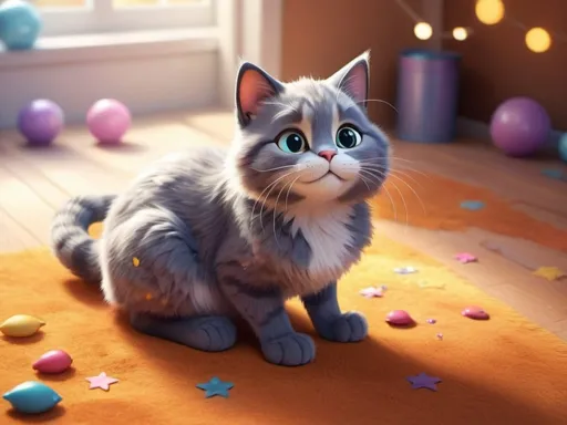 Prompt: Pixar-style illustration of a charming cat, expressive eyes with sparkles, lively and mischievous pose, playful and animated facial expression, high-quality render, digital art, vibrant color palette, dynamic and whimsical, detailed fur with realistic texture, professional lighting, charming character design, fun and whimsical, Pixar style, vibrant fur, expressive eyes, mischievous pose, high-quality, digital art, dynamic, whimsical