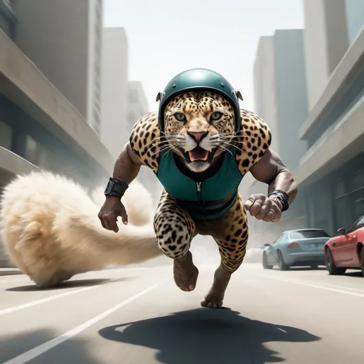 Prompt: a man with elephant legs, a cats tail, wearing a helmet that looks like a 69 jaguar, running super fast towards the screen