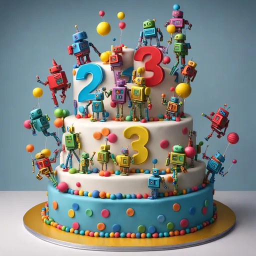 Prompt: In this scene, the number "23" is formed by a group of robots on top of a birthday cake. The cake is a multi-tiered masterpiece with colorful decorations and candy. At the cake's center, small robots shaped like the numbers "2" and "3" stand, creating the number "23." They are made of shiny metal and move in a coordinated manner to assemble the digits. When you make a wish and blow out the candles, the robots also light up, adding a unique and magical touch to your 23rd birthday celebration.