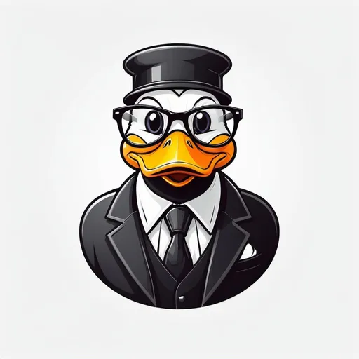 Prompt: Stylized duck mascot with glasses, vector flat logo, simple lines, goth cartoon illustration, white backdrop