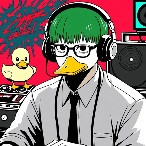 Prompt: a urban dj duck with glasses in chainsaw man anime style

