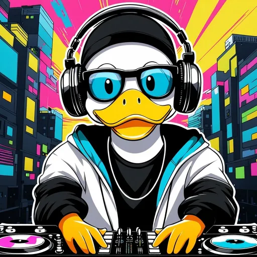 Prompt: a urban dj duck with glasses in anime style
