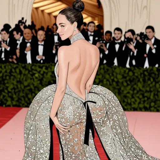 Prompt: Woman in the met gala wearing a bareback dress

