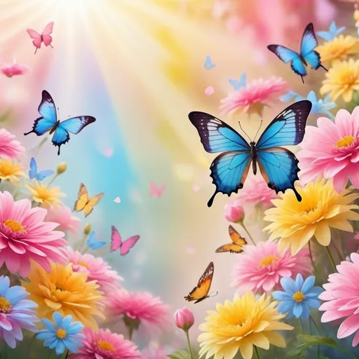 Prompt: (horizontal banner) romantic colorful flowers, delicate butterflies dancing among petals, lush garden ambiance, vivid hues of pink, yellow, and blue, soft blurred background for depth, serene atmosphere evoking love and beauty, sunshine illumination, ultra-detailed, perfect for a cheerful celebration or event, floral abundance.