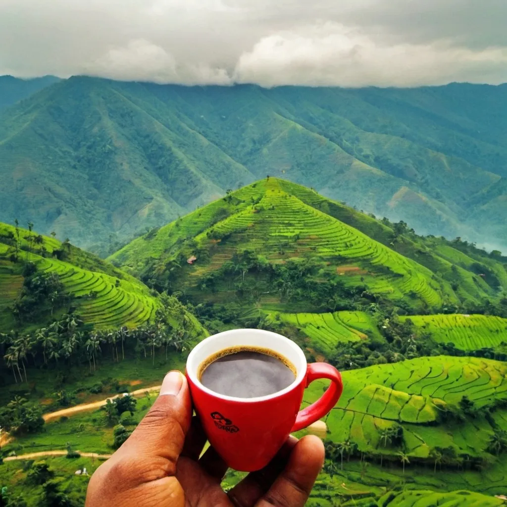 Prompt: sajek valley is the place is above 250feet above from sea level most higher place in bangladesh . where me jobair 29 year old and my wife name anha 23 year old having cup of offee in the middle of o hill ,cloud is under that hill ,imagine this seen and make a picture from top view and close shot 