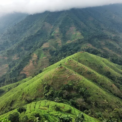 Prompt: sajek valley is the place is above 250feet above from sea level most higher place in bangladesh . where me jobair 29 year old and my wife name anha 23 year old having cup of offee in the middle of o hill ,cloud is under that hill ,imagine this seen and make a picture from top view and close shot 