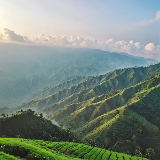 Prompt: sajek valley is the place is above 250feet above from sea level most higher place in bangladesh . where me jobair 29 year old and my wife name anha 23 year old having cup of offee in the middle of o hill ,cloud is under that hill ,imagine this seen and make a picture from top view and close shot 