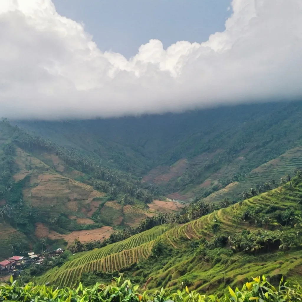 Prompt: sajek valley is the place is above 250feet above from sea level most higher place in bangladesh . where me jobair 29 year old and my wife name anha 23 year old having cup of offee in the middle of o hill ,cloud is under that hill ,imagine this seen and make a picture from top view and close shot 