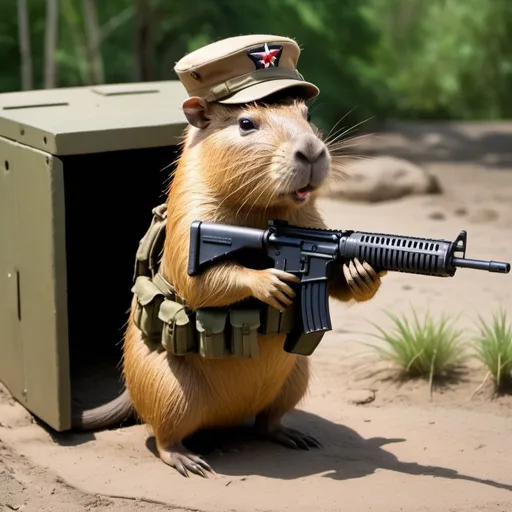 Prompt: capybara holding an M-16 attacking a World War II pillbox, dressed as an American soldier, photo realistic
