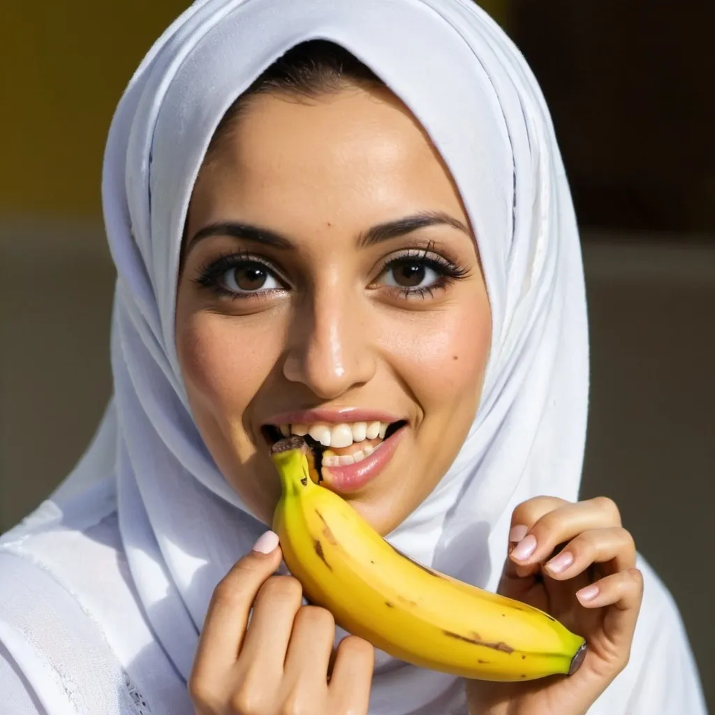 Prompt: Muslima woman arab, beatifull very is eating a banana