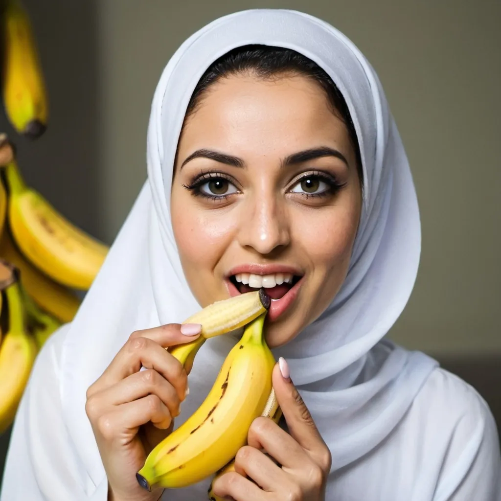 Prompt: Muslima woman arab, beatifull very is eating a banana