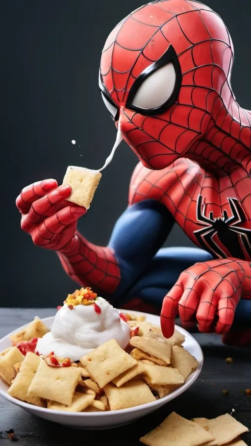 Prompt: Genrate a image of spiderman eating dahi papdi chaat