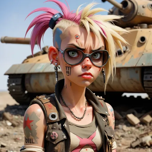Prompt: Tank girl. A girl in a post apocalyptic world all along 