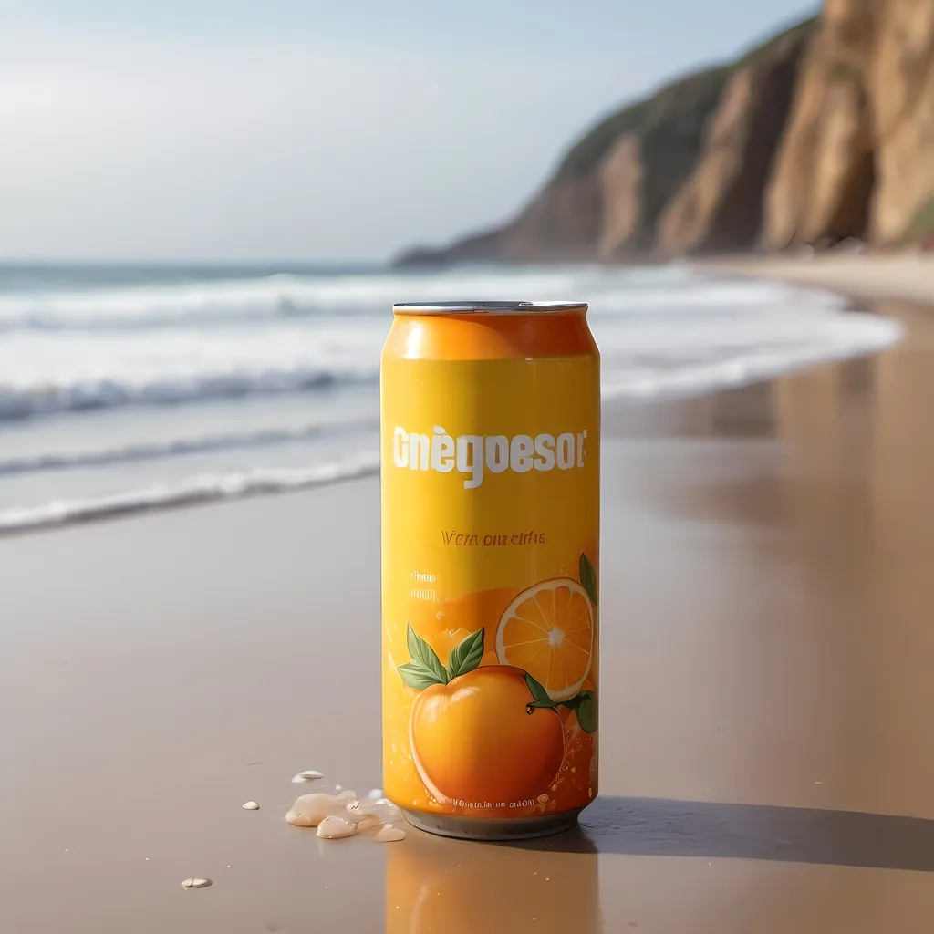 Prompt: A yellow and orange can, medium sized with condensation. In the background a intense looking beautiful beach with, fruits 