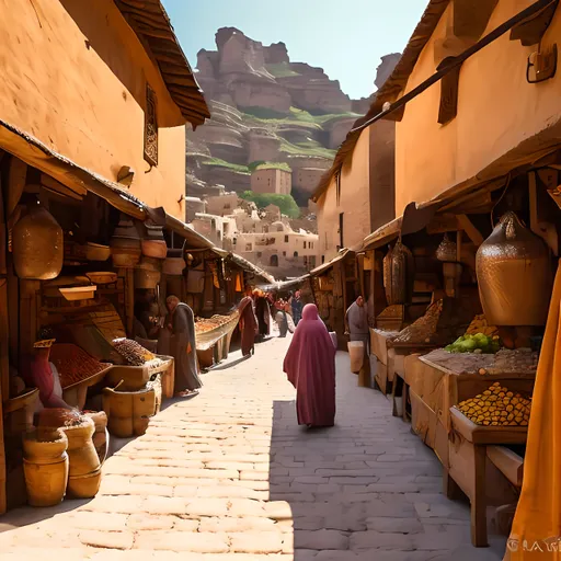 Prompt: olden age bazaar/souk with stone buildings on either side. Colorful drapes/tenting. Merchants in and around stalls with their livestock and goods/fruits/pottery. perspective is looking down the road as people and animals pass by the bustling busy road. carts and stalls lining the path.