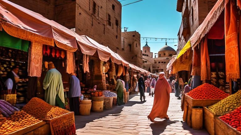 Prompt: Arabian style souk/bazaar. sandstone and rustic rock structures with colorful ethnic drapes and tenting overhead of the narrow street. structures line both sides of the market. People of all ethnicities walking their goods and animals up and down the sand/cobble steps of the busy market. input different stalls (fruit/ cloth/ pottery). Perspective is looking down the souk path with stalls on either side in renaissance style with a centered focal point.